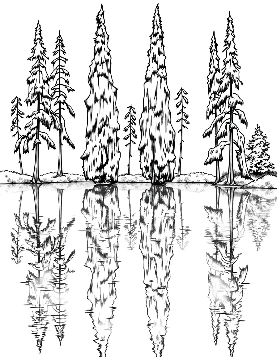 Cypress trees reflected in still water