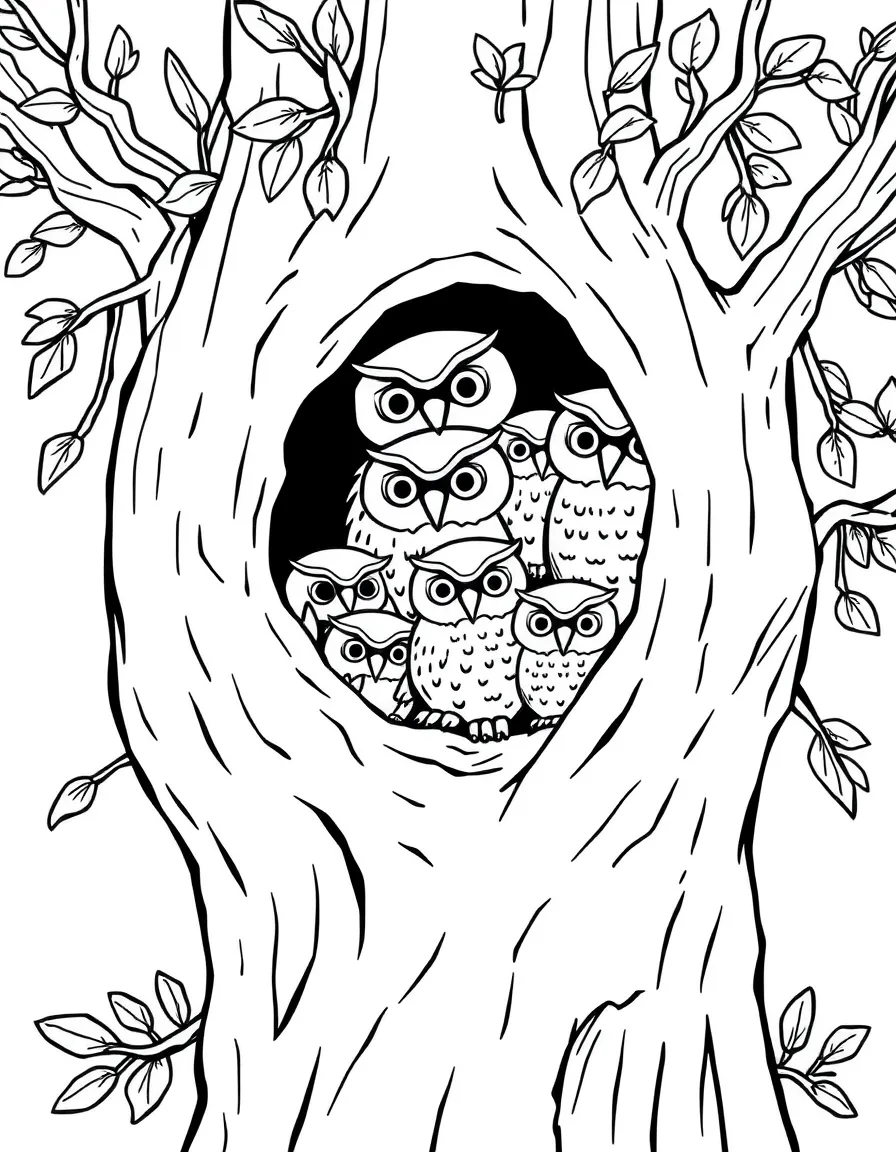 A family of owls living in a tree hollow