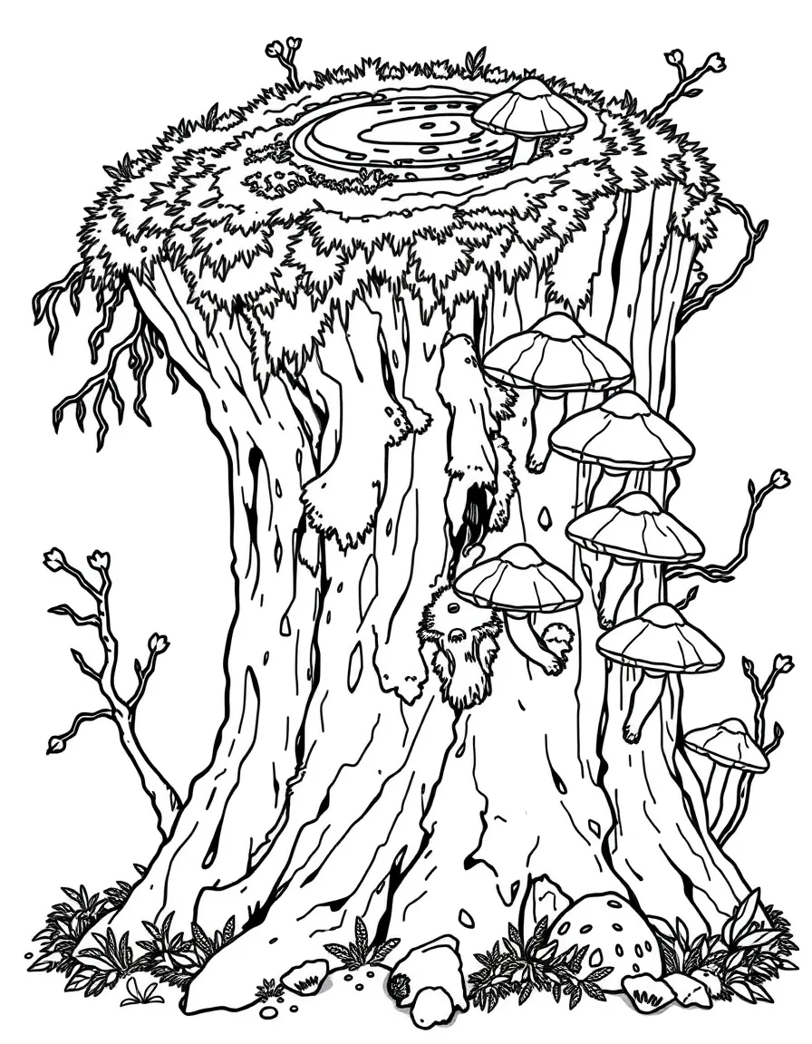 An old tree stump covered in moss and mushrooms