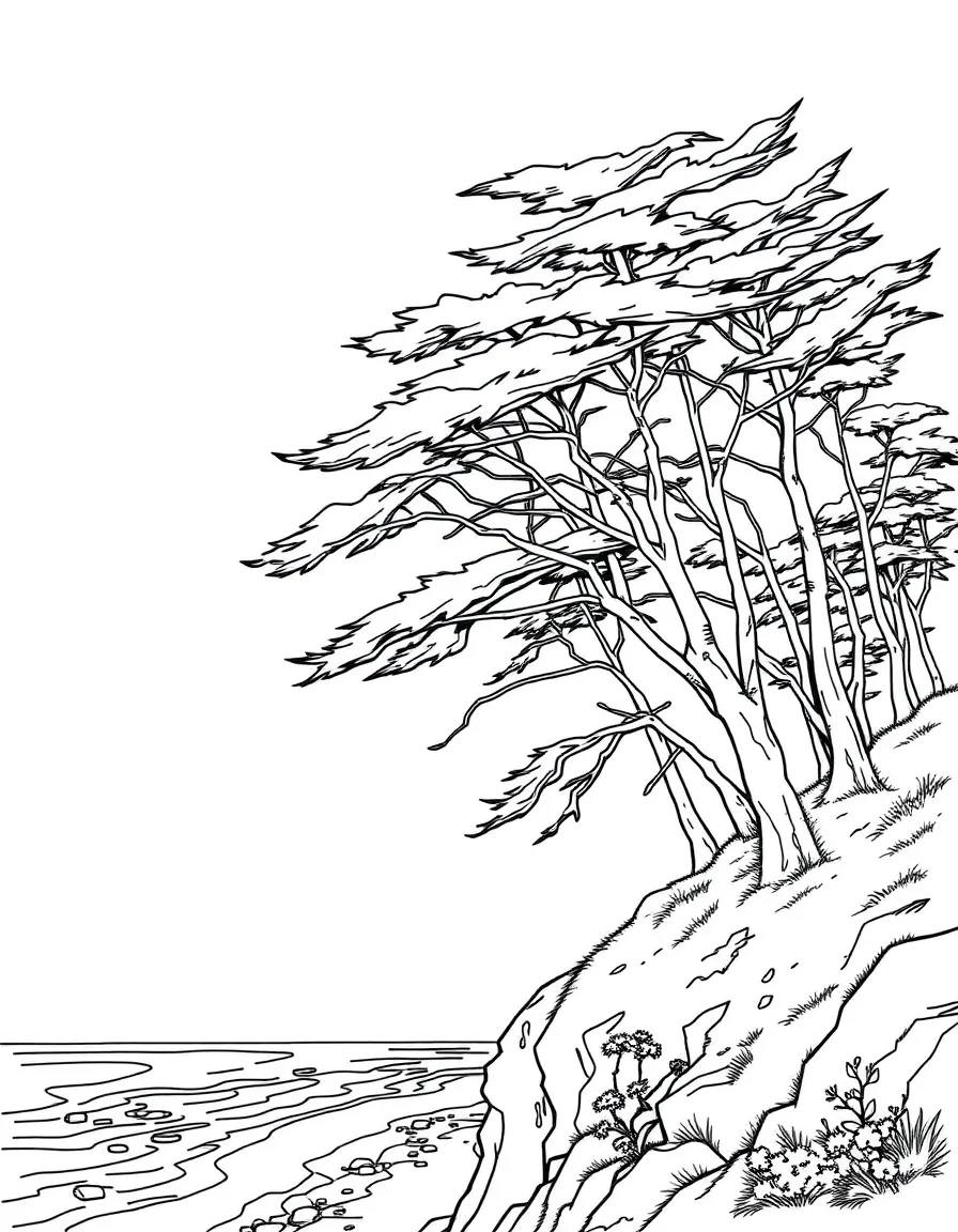 Wind-swept trees on a coastal bluff