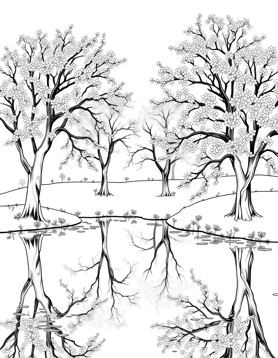 Blossom trees reflecting in a still pond