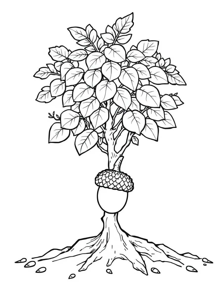 A detailed sapling growing from an acorn