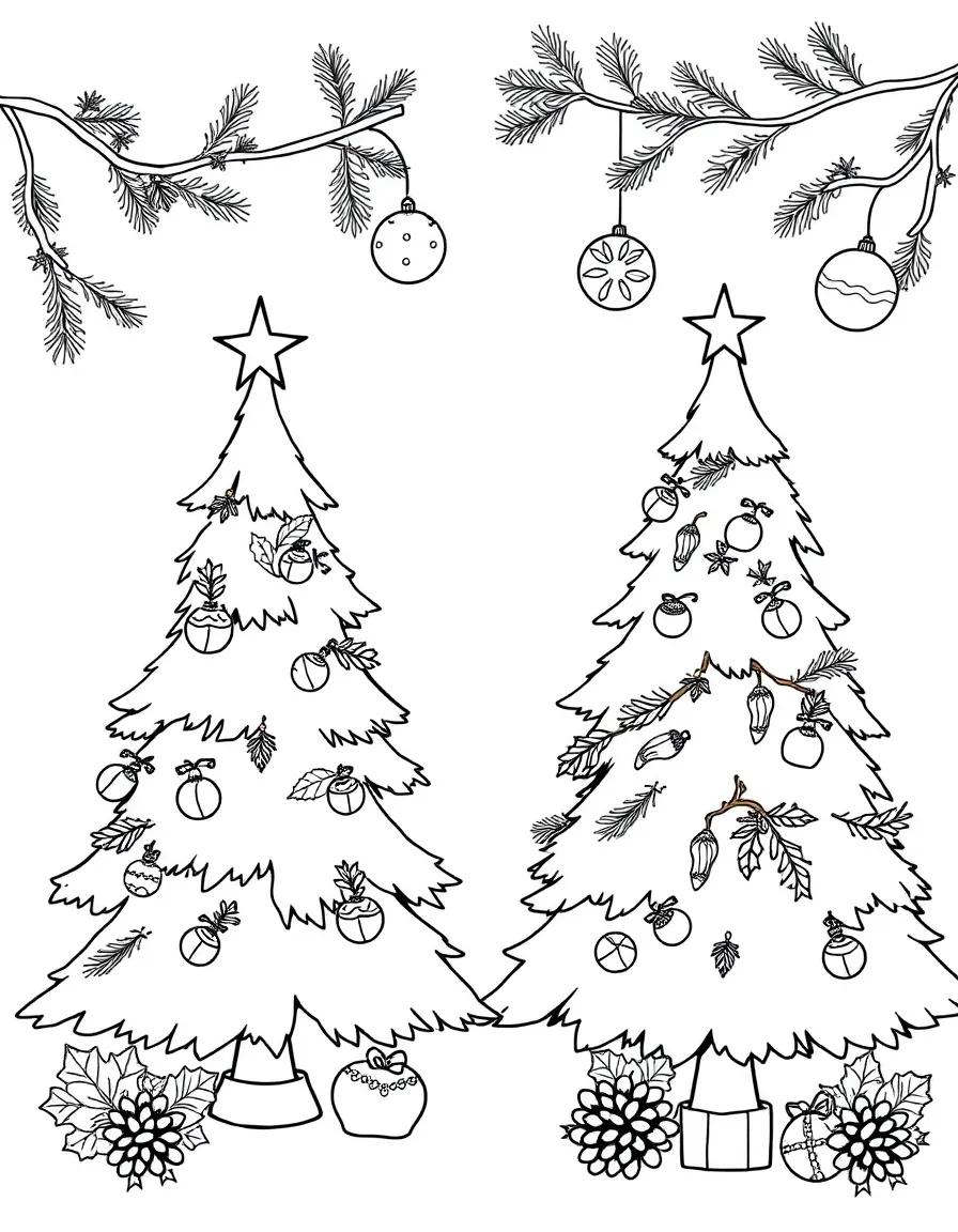 Christmas trees decorated with nature-inspired ornaments