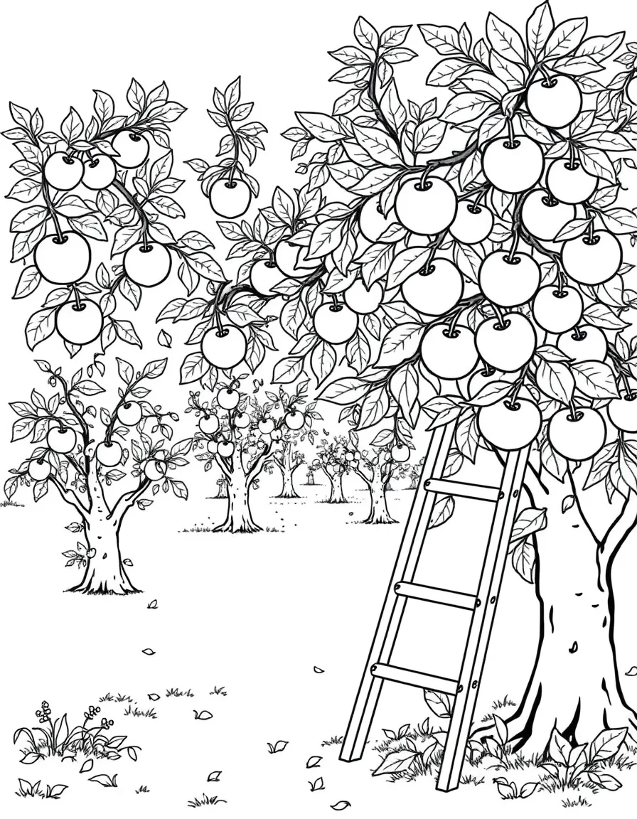 Apple trees in an orchard with a ladder for picking