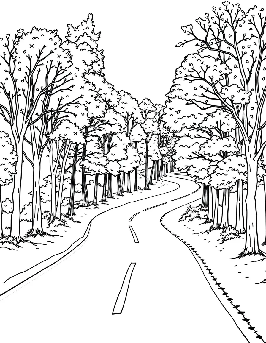 A winding road through autumn trees