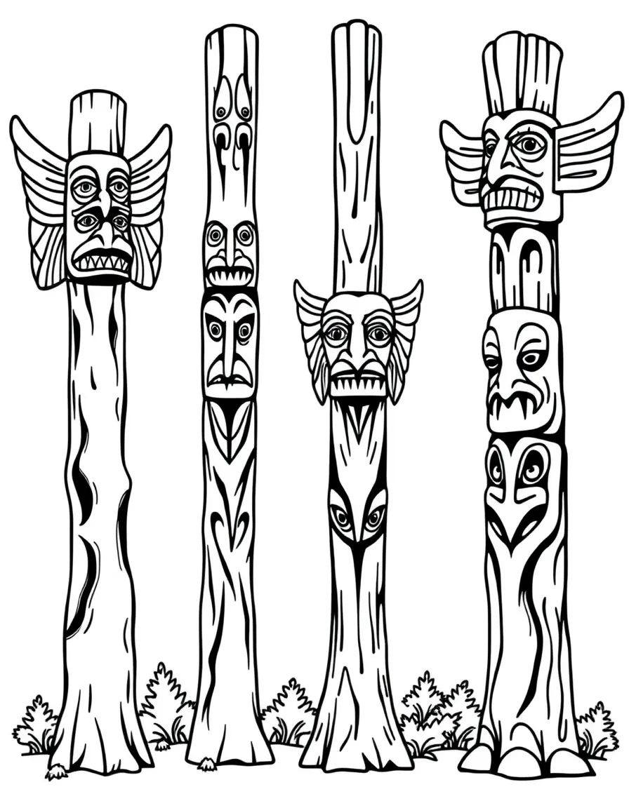 Trees carved into totem poles