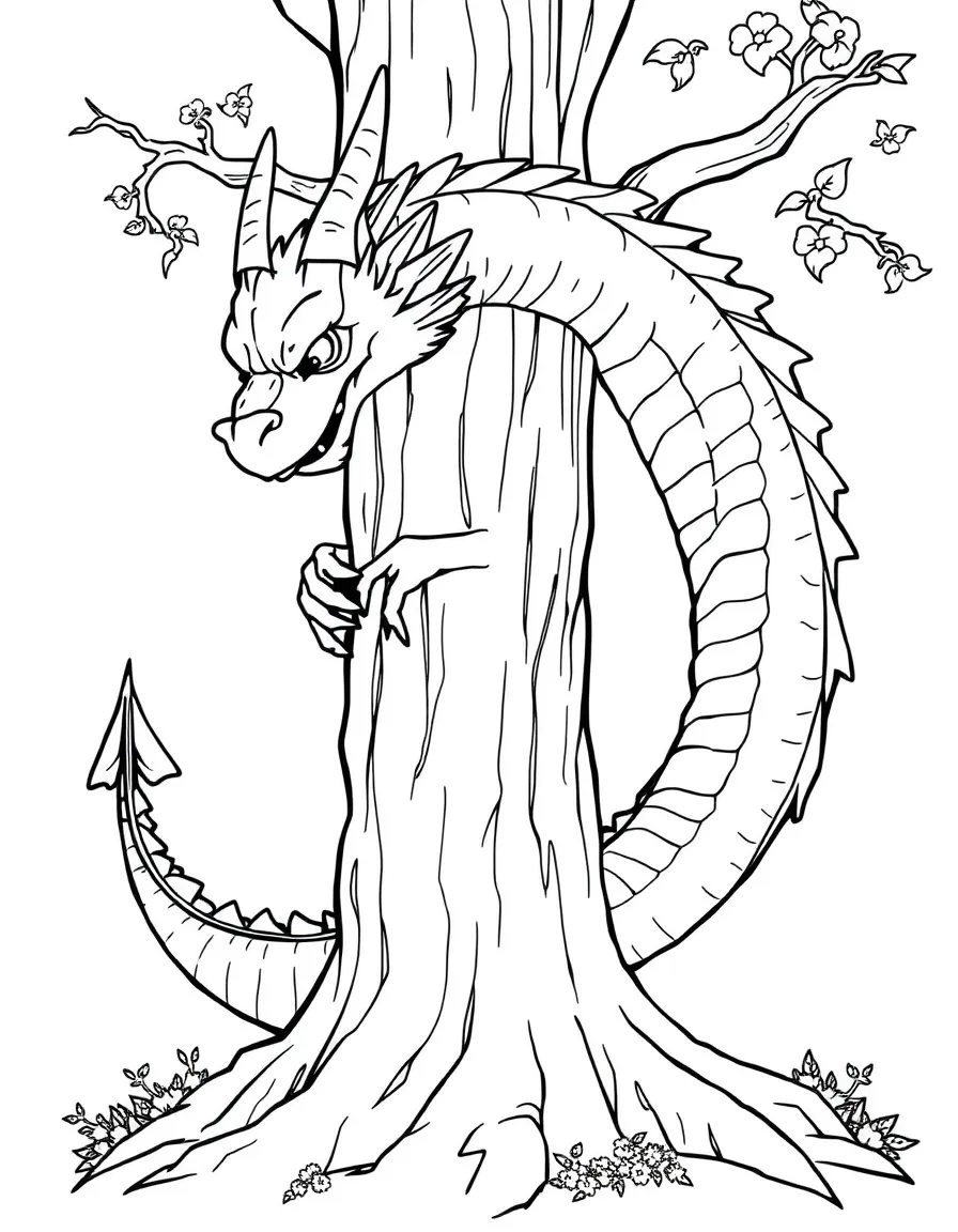 A dragon curled around a tree trunk