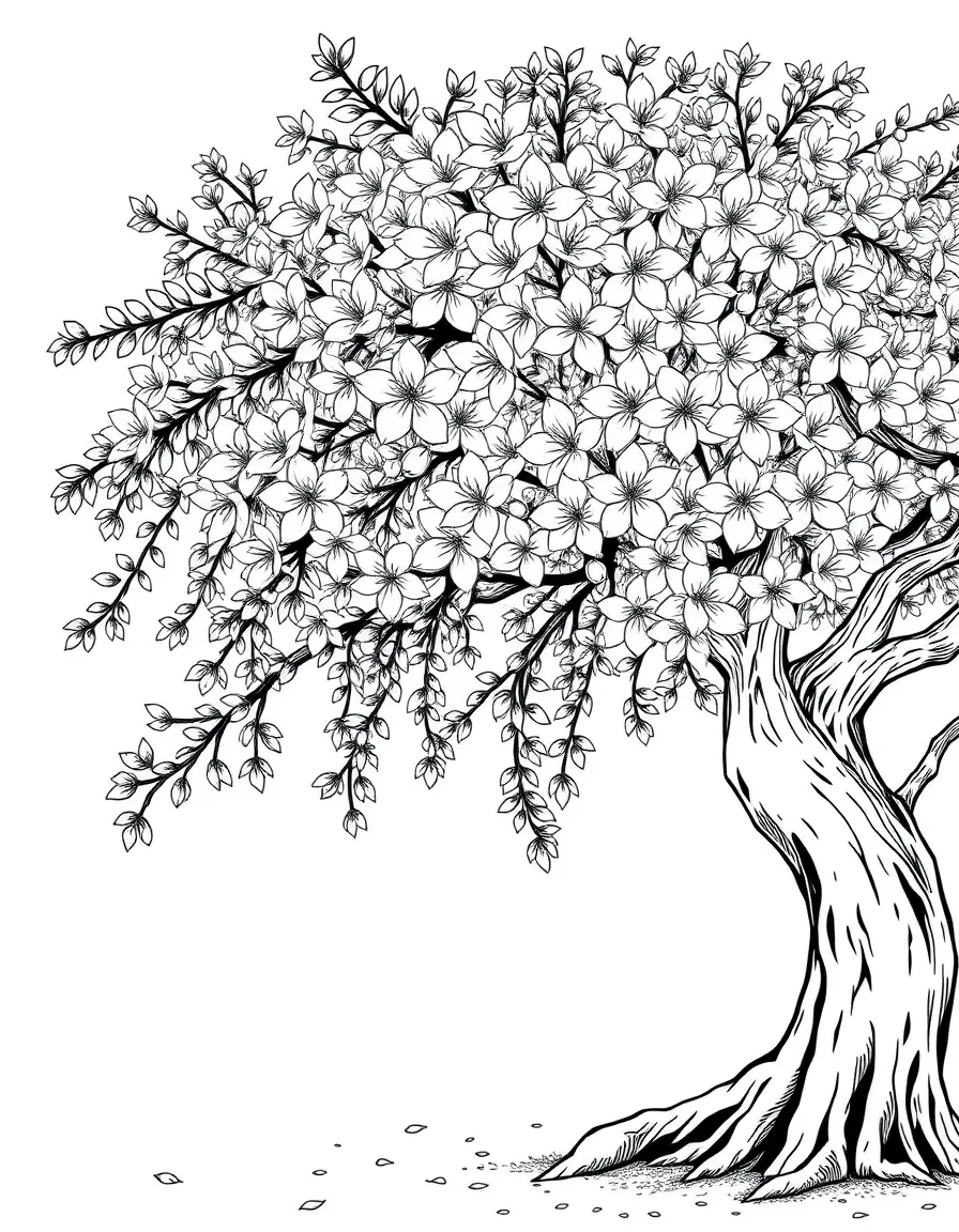 A detailed weeping cherry tree in bloom