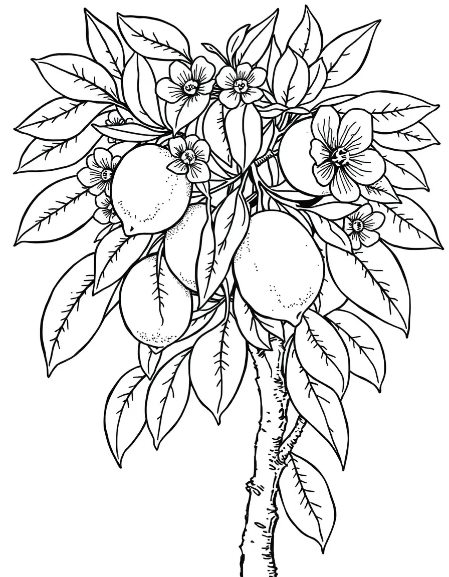 A lemon tree with detailed fruit and blossoms