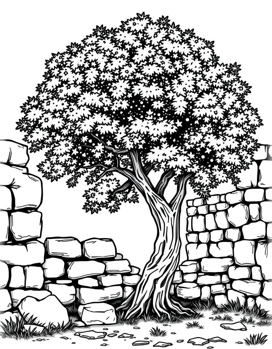 A tree growing through ruins of a stone wall