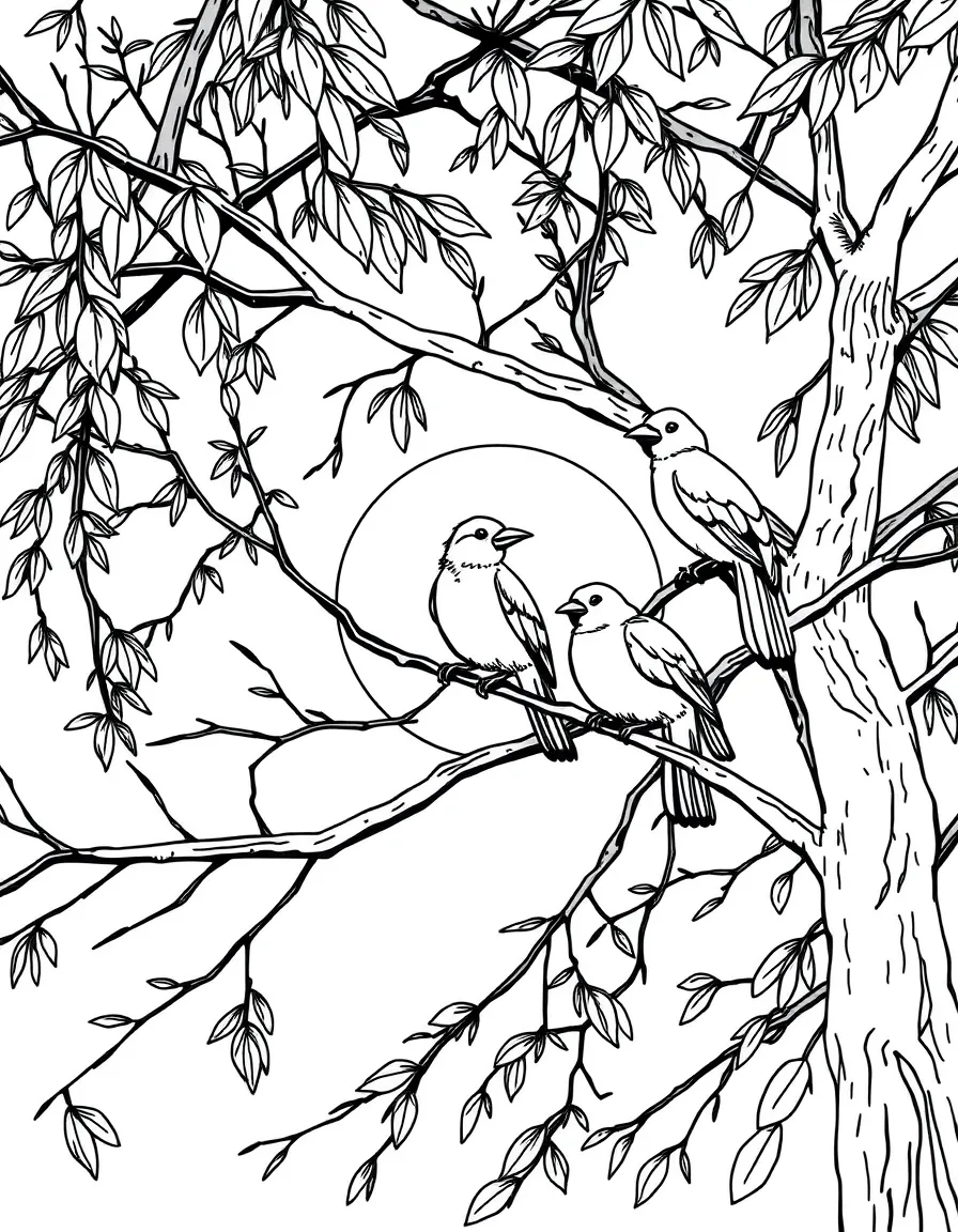 Birds perched on tree branches at sunset