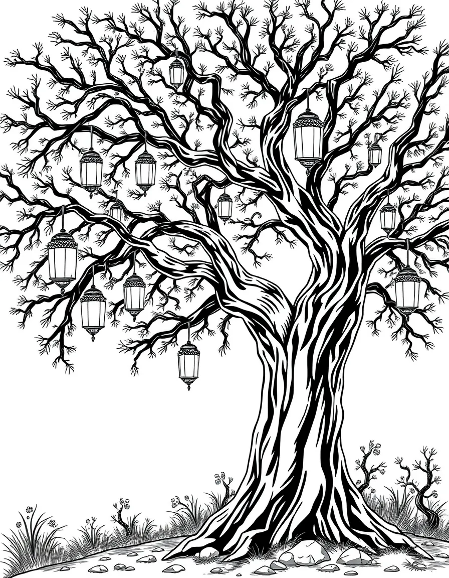A fantasy tree with lanterns hanging from branches