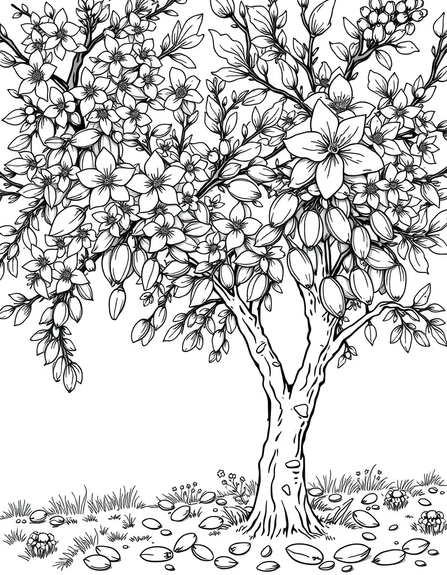 Almond trees with blossoms and developing nuts