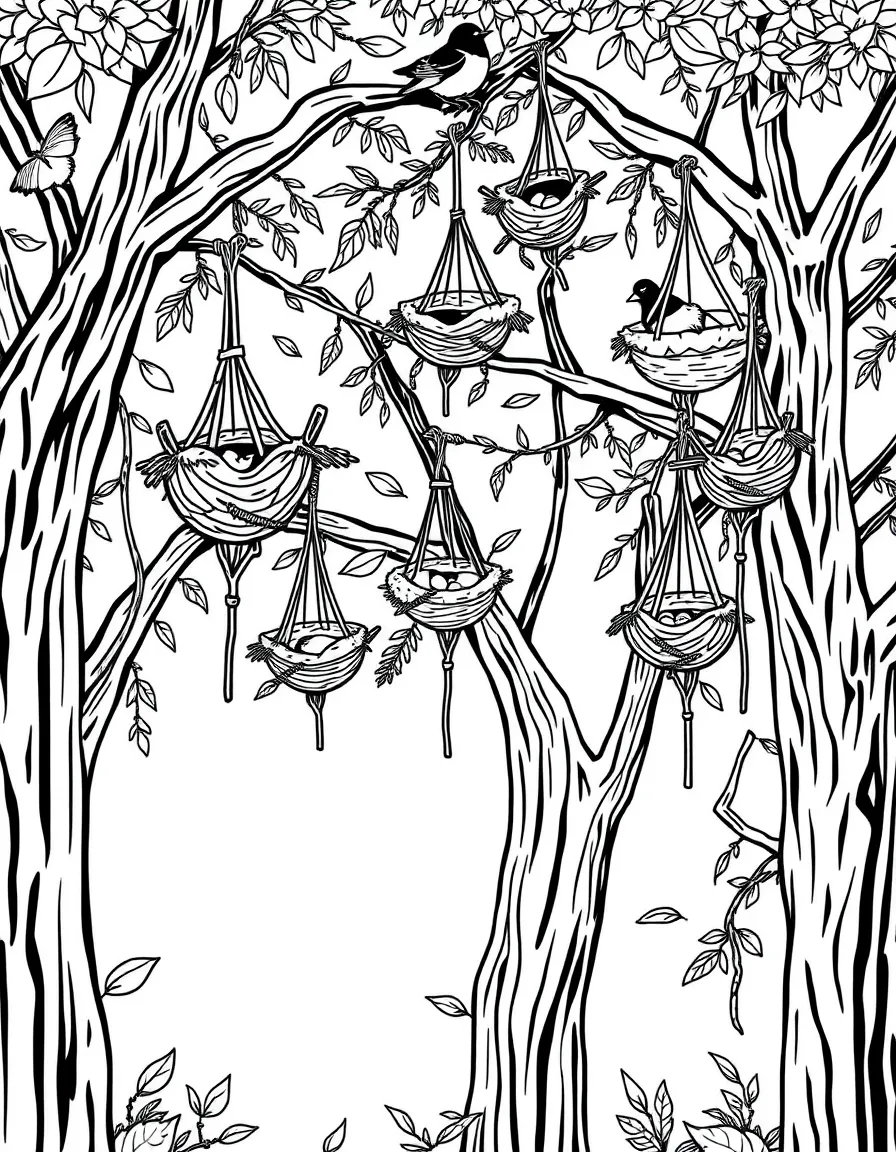 Trees with hanging bird nests of different types