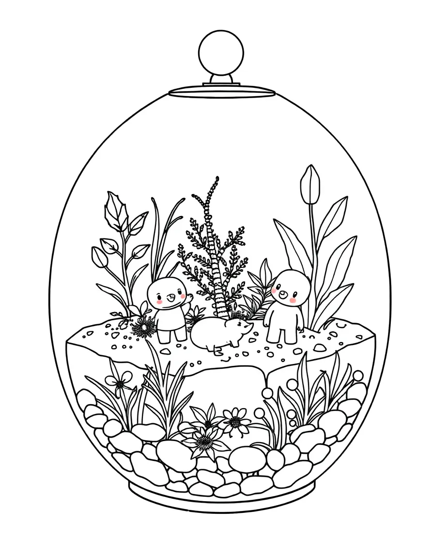 A terrarium with miniature plants and figurines