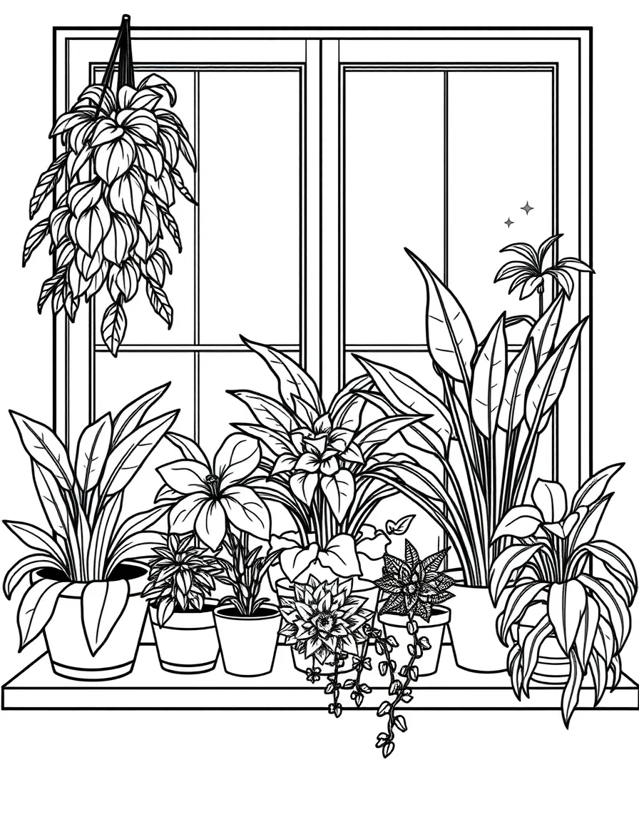 Houseplants arranged on a sunny windowsill