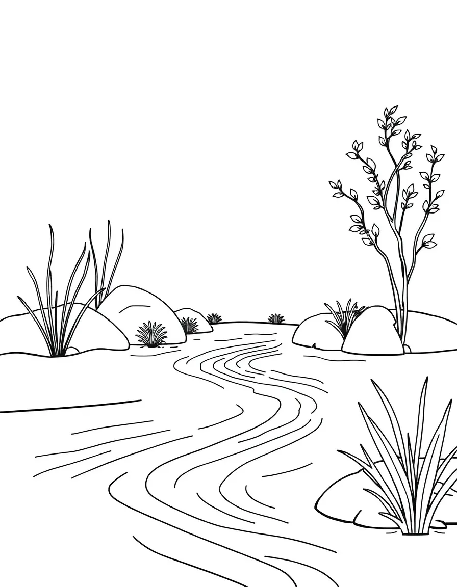 A Zen garden with raked sand and minimal plants