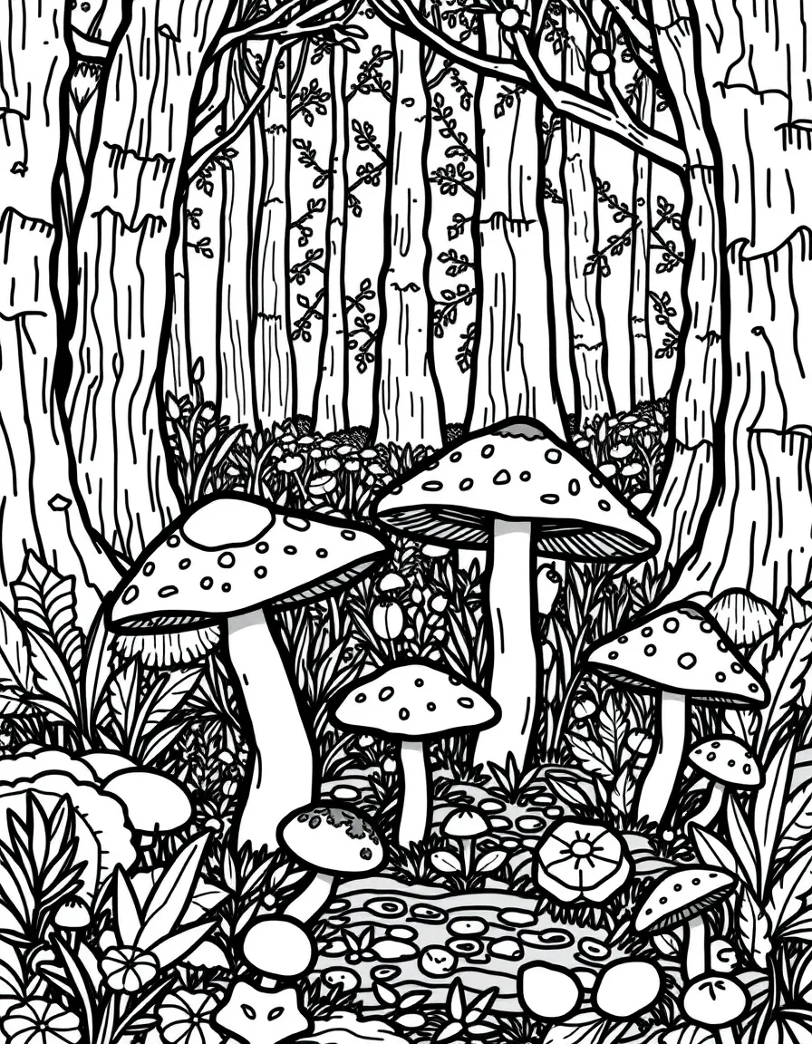 Mushrooms and toadstools on a forest floor