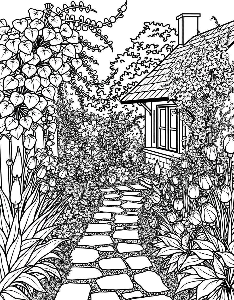 A cottage garden pathway with plants overflowing