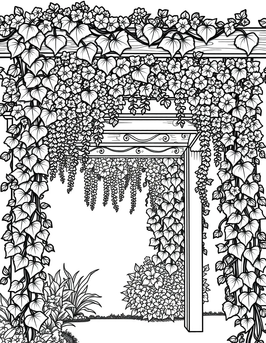 Vines growing on a pergola with hanging flowers