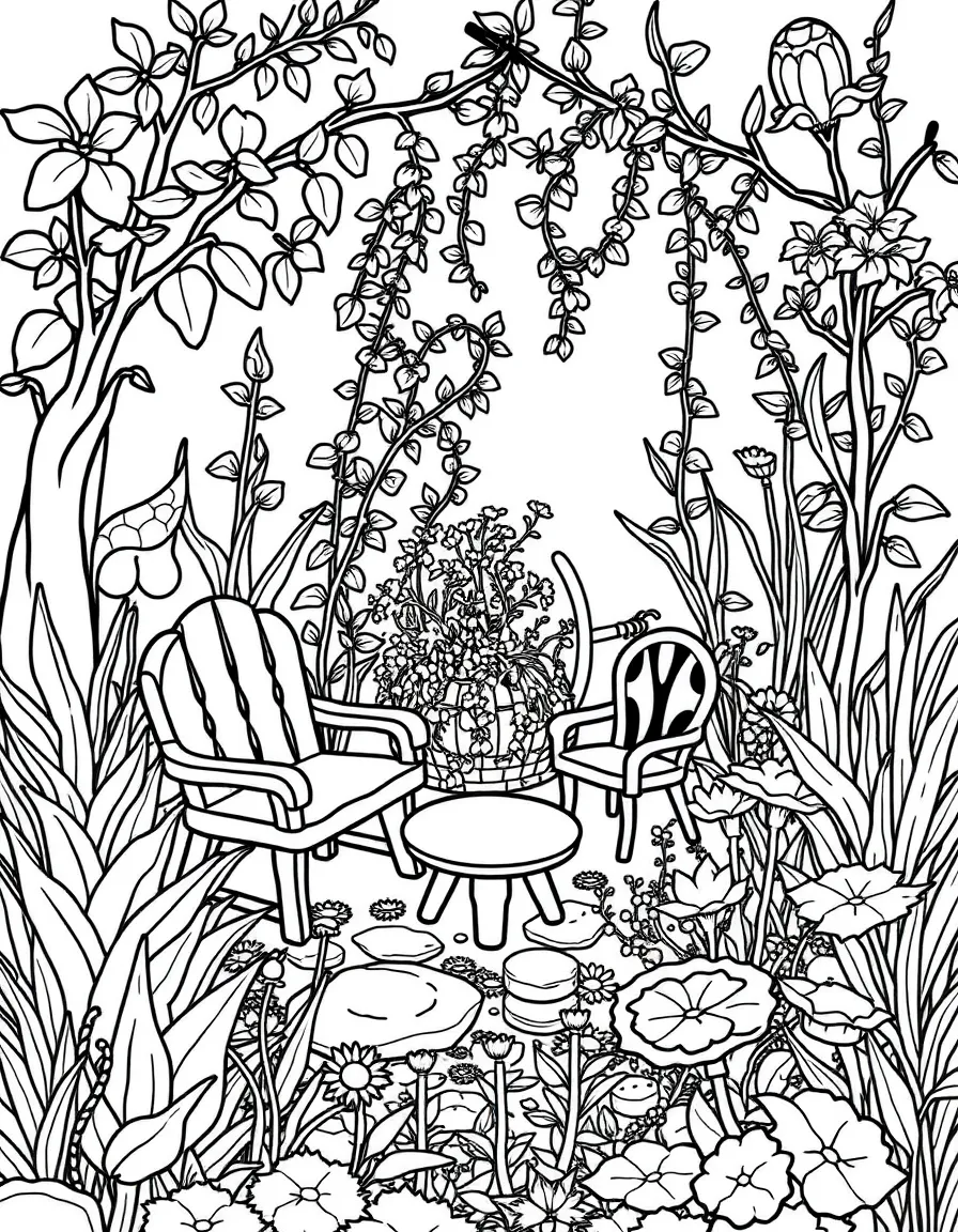 A fairy garden with miniature furniture among plants