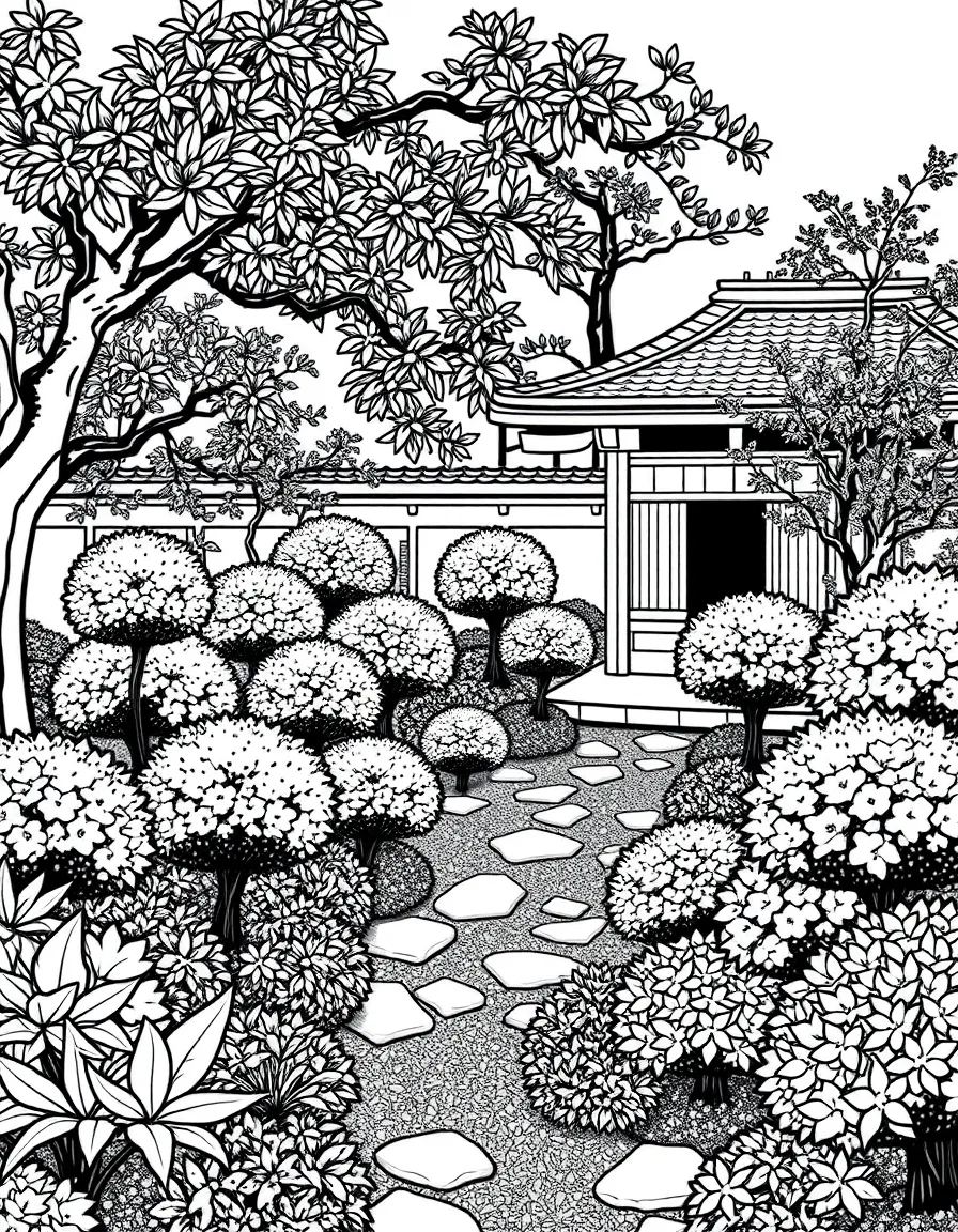 A Japanese garden with carefully pruned plants