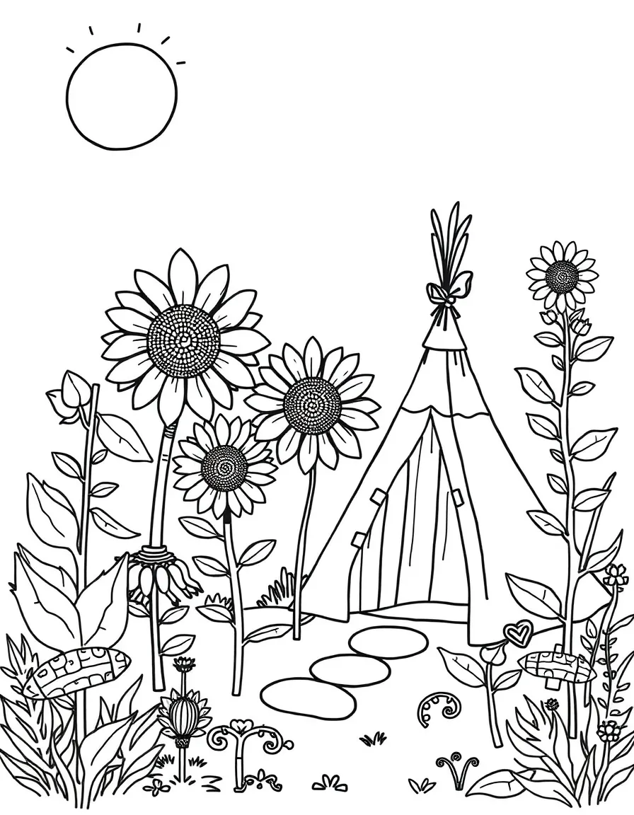 A child's garden with sunflower house and bean teepee