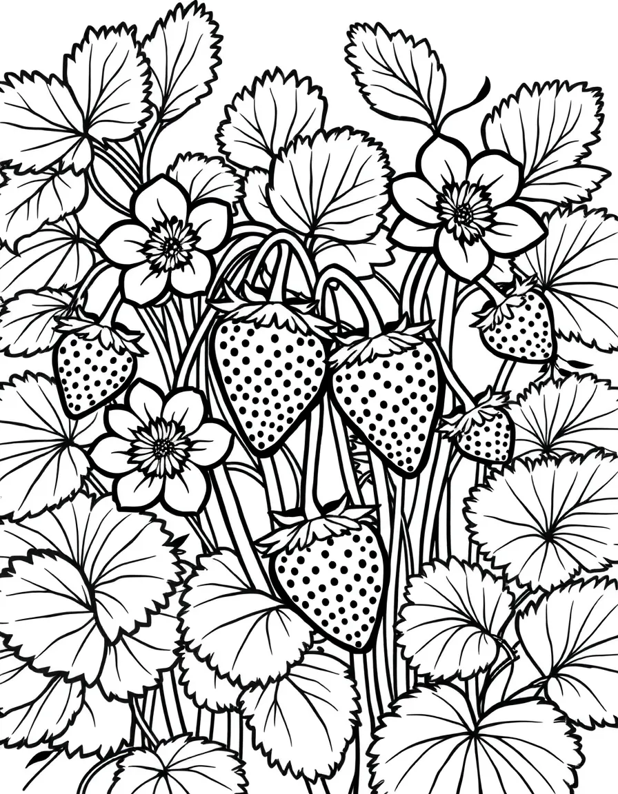 Strawberry plants with flowers, unripe and ripe berries