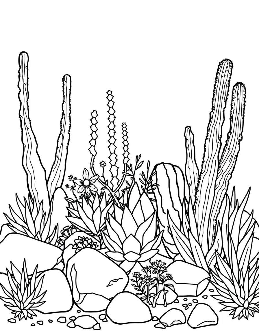 Desert plants arranged in a rock garden