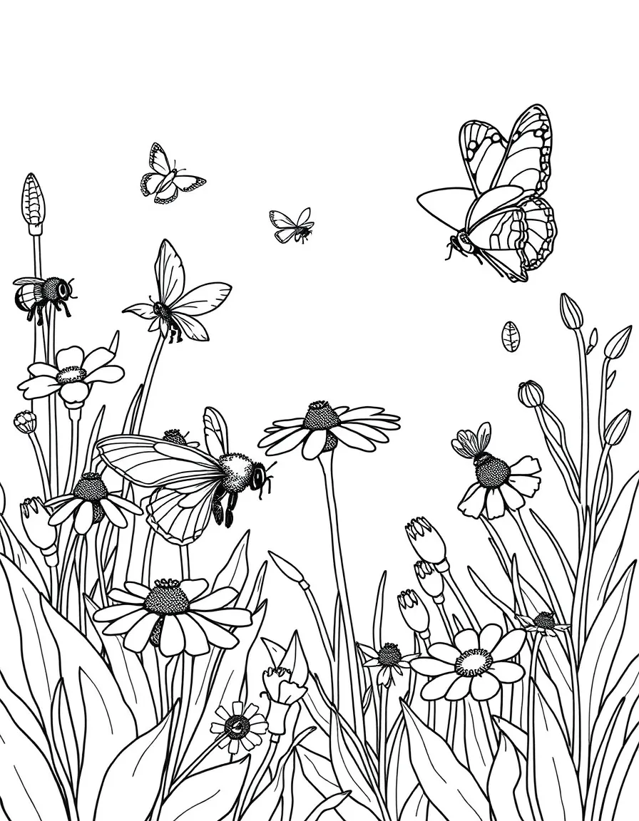 A pollinator garden with bees and butterflies