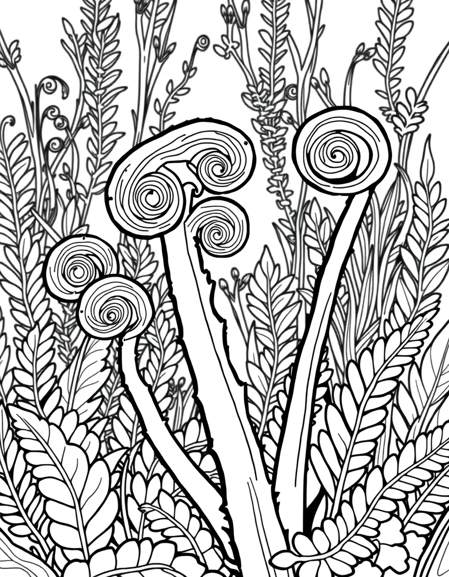 Fiddlehead ferns unfurling in spring