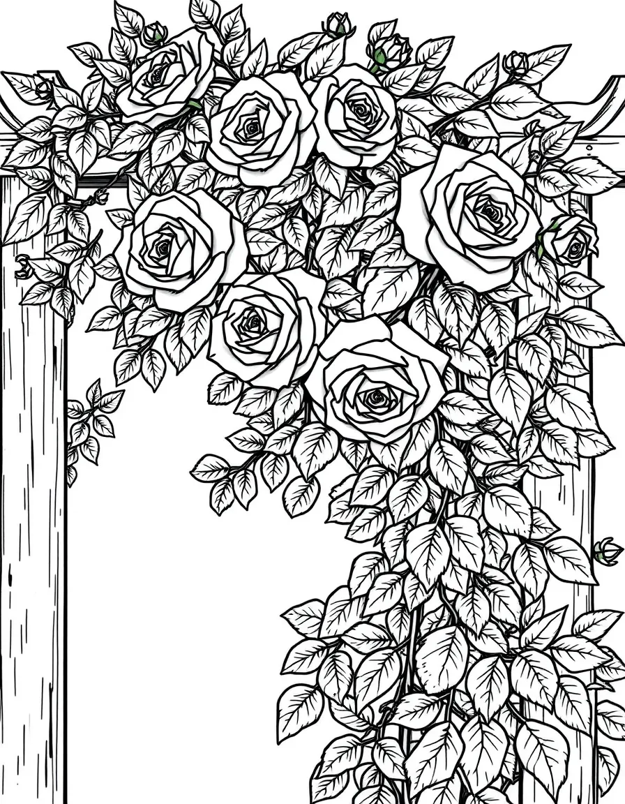 Climbing roses on an arbor with detailed thorns