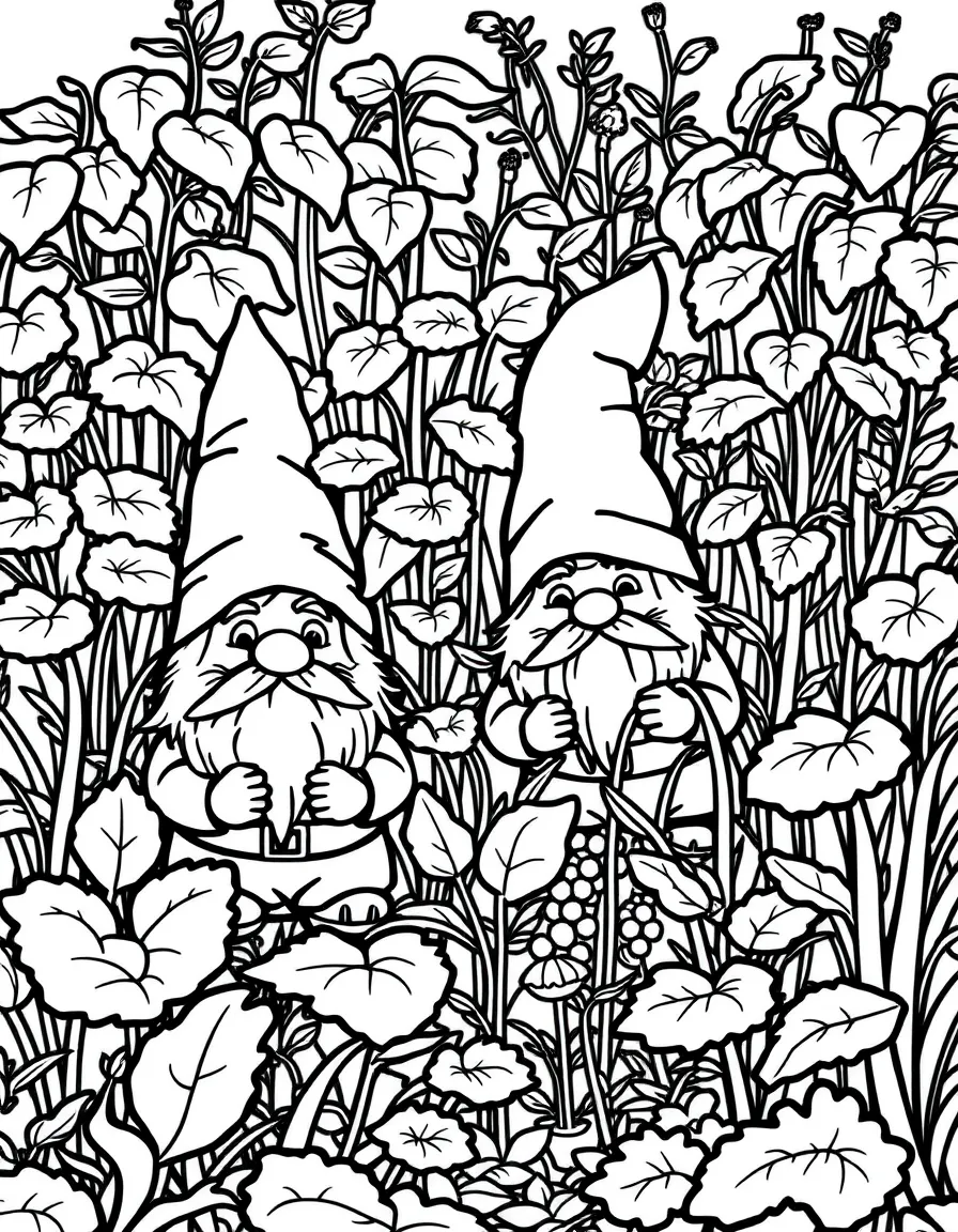 Garden gnomes hiding among vegetable plants