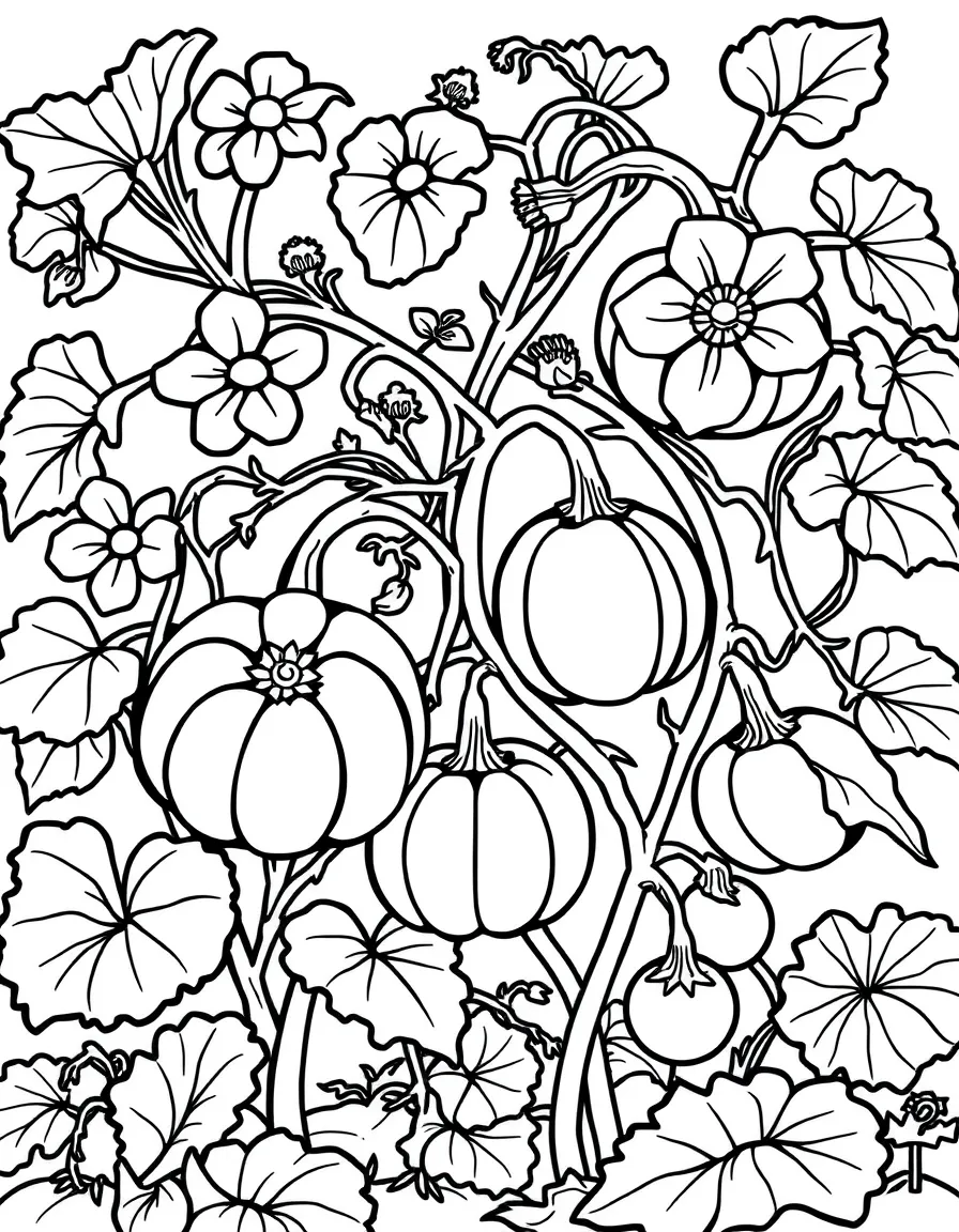 Pumpkin vines with flowers, developing and mature fruits