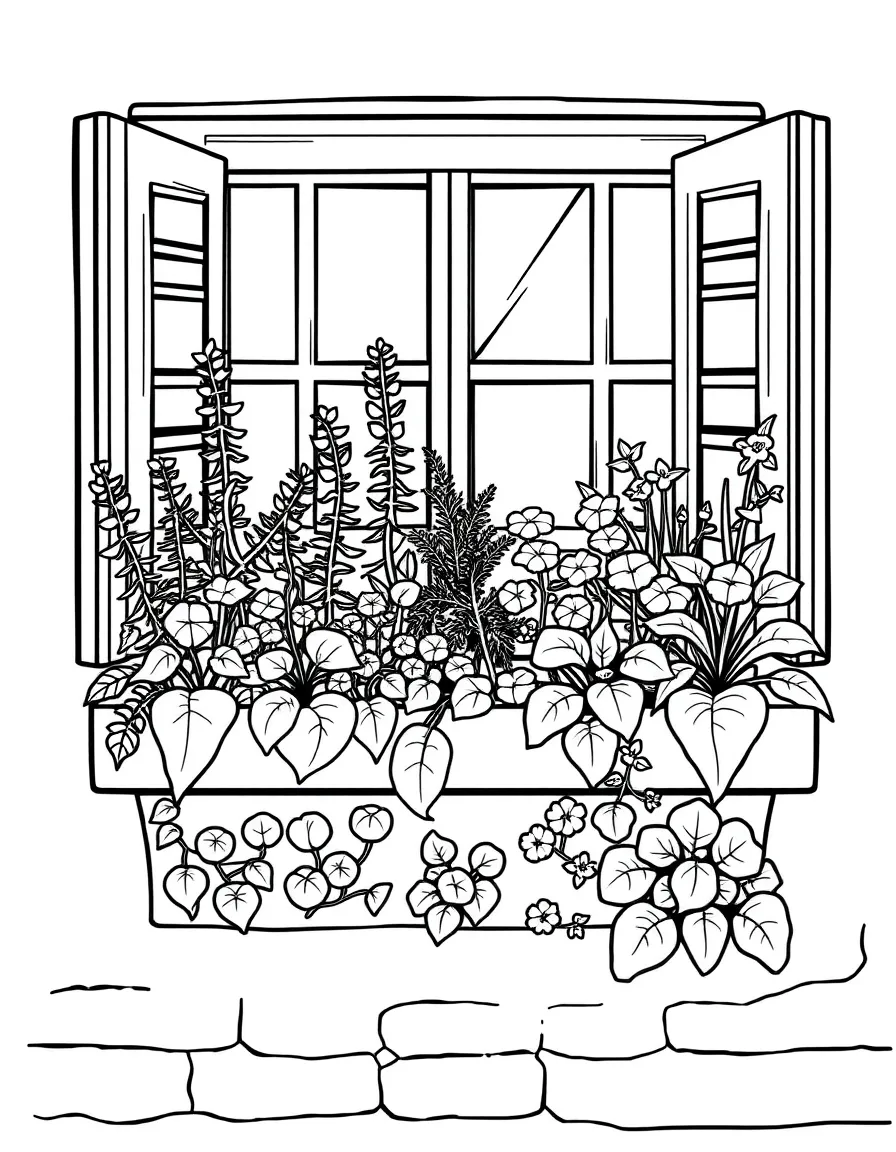 A window box herb garden with detailed plants
