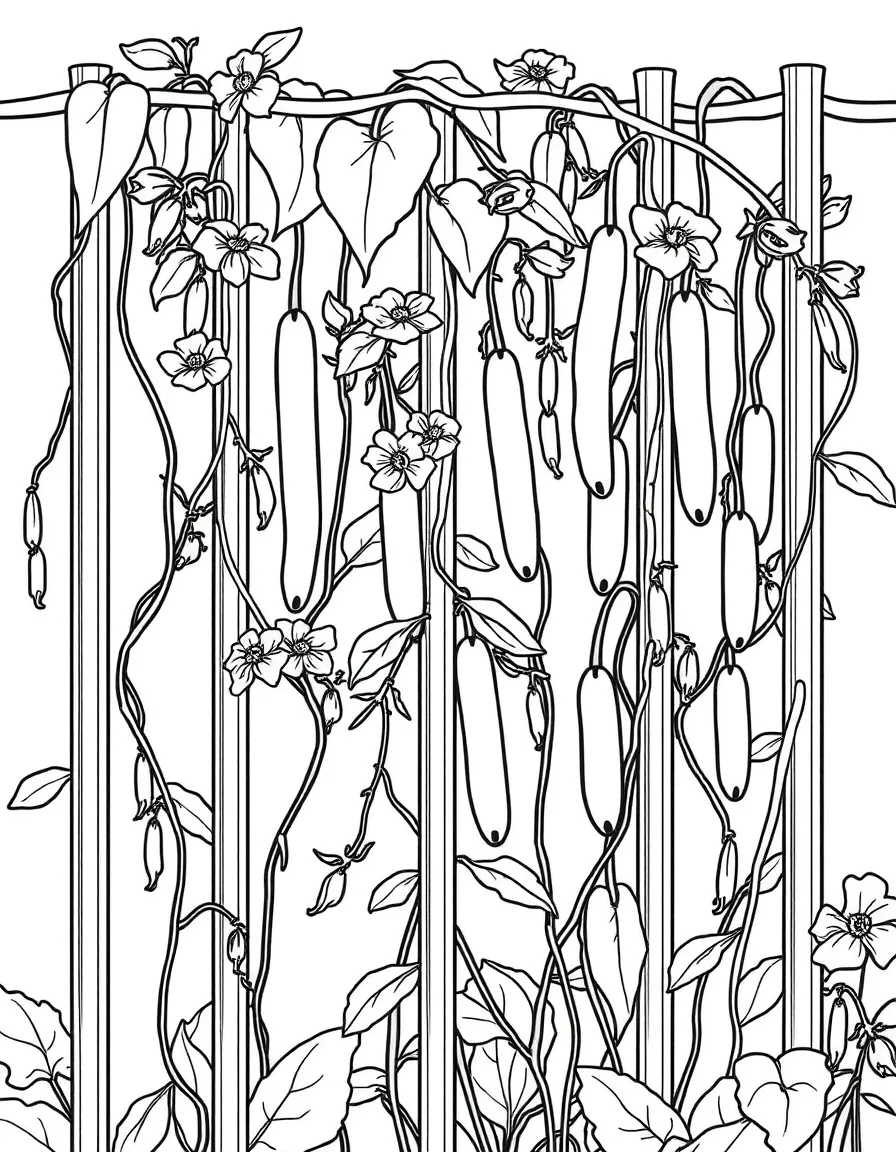 Bean plants climbing up poles with flowers and pods