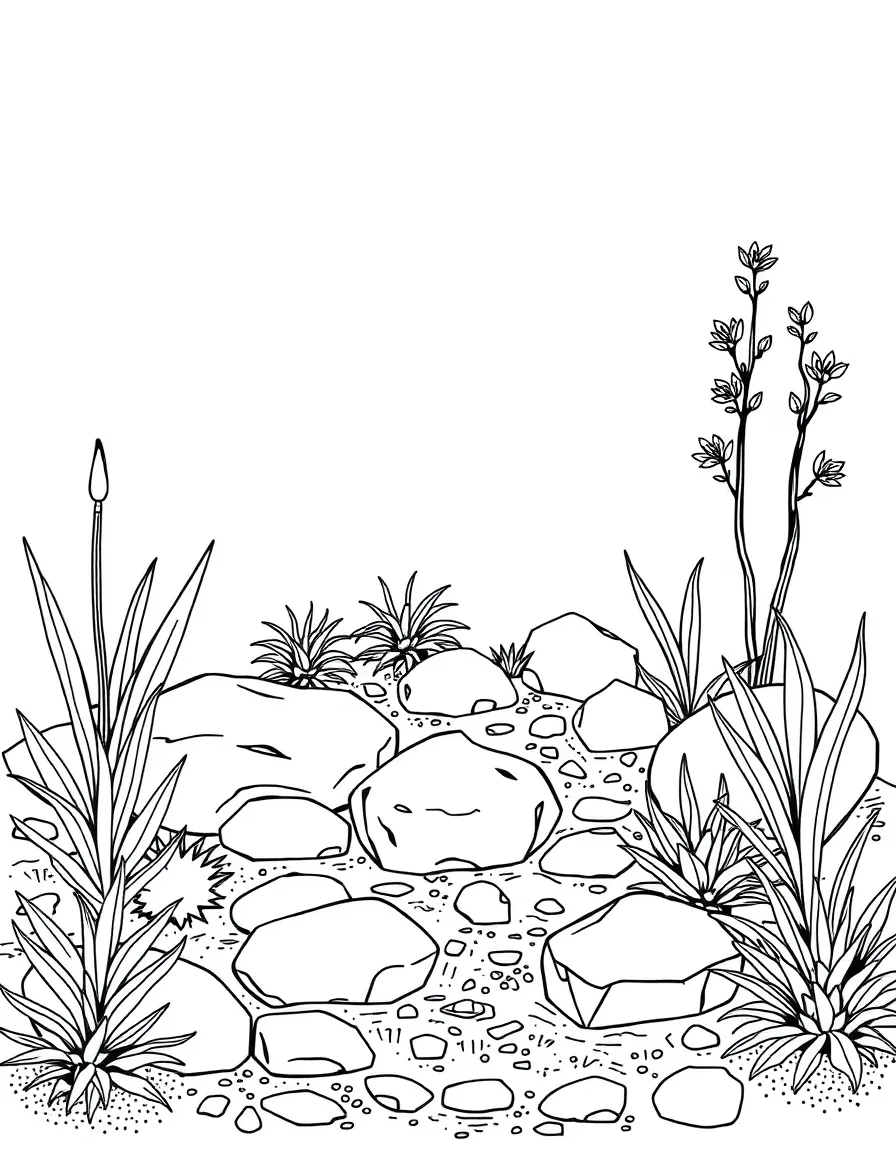 A zen rock garden with minimal, precision-placed plants