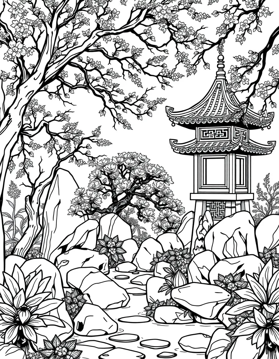 Chinese garden with bonsai and rock formations