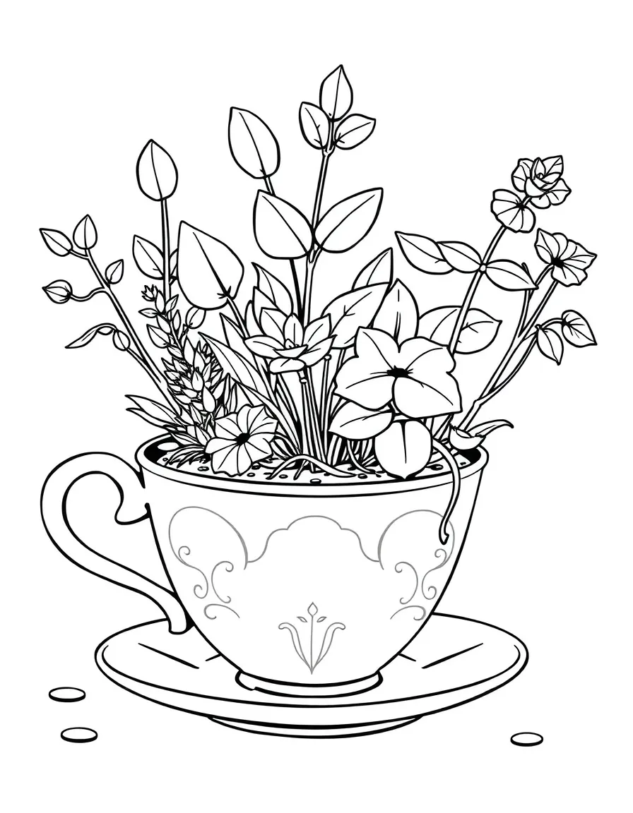 Plants growing in unusual containers like teacups