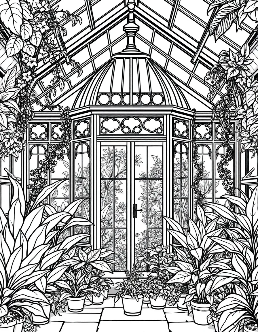 A Victorian-style conservatory filled with plants