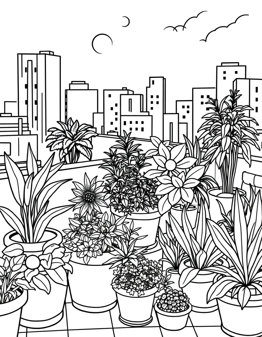 A rooftop garden with container plants