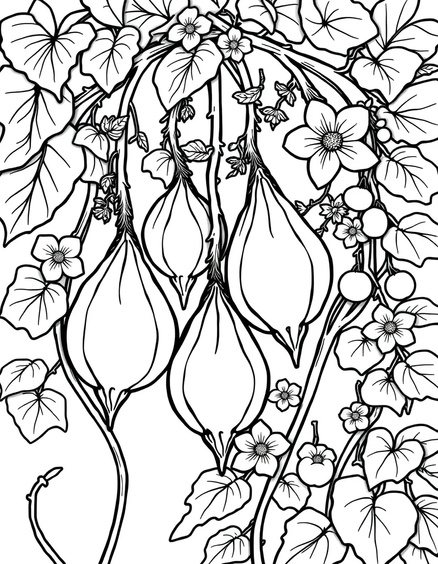 Gourds growing on vines with flowers and fruits