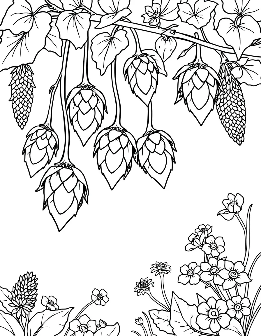 Hops growing up strings with cones and flowers