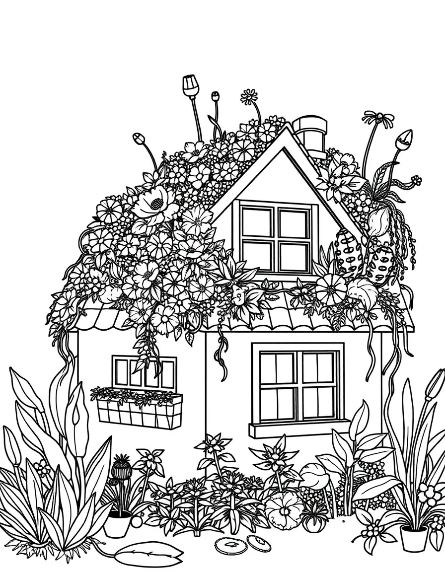 Plants growing on a living roof house