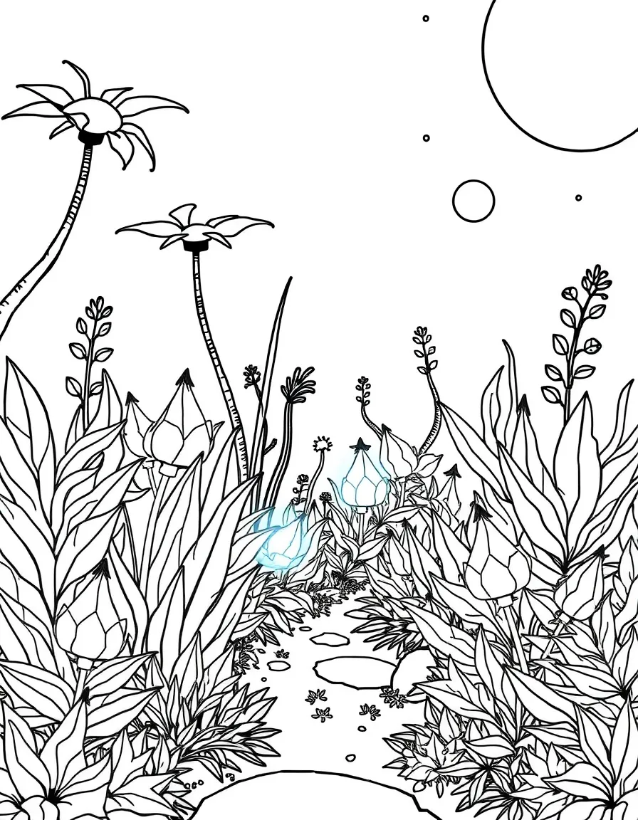 A futuristic garden with bio-luminescent plants