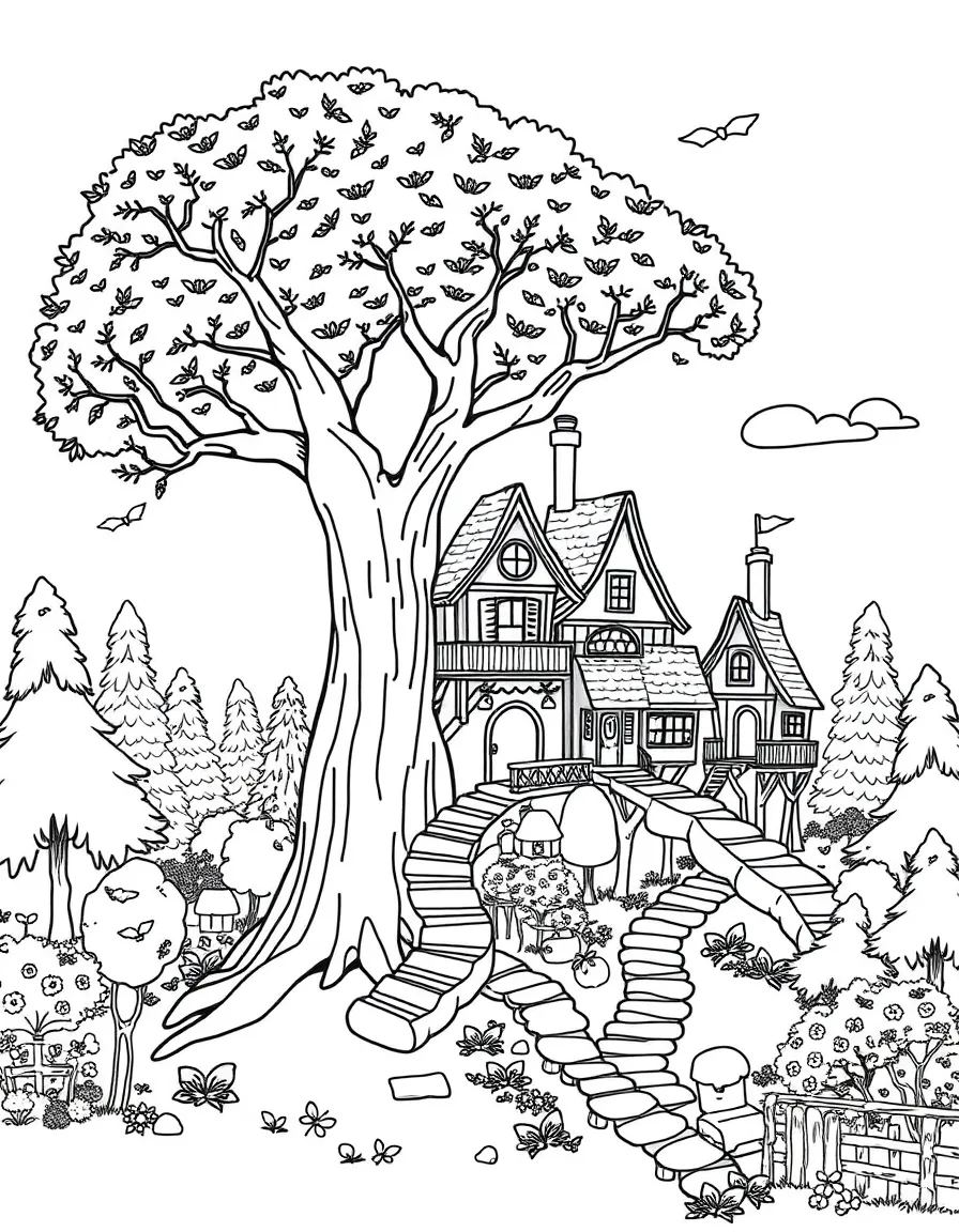 A tree house village connected by walkways