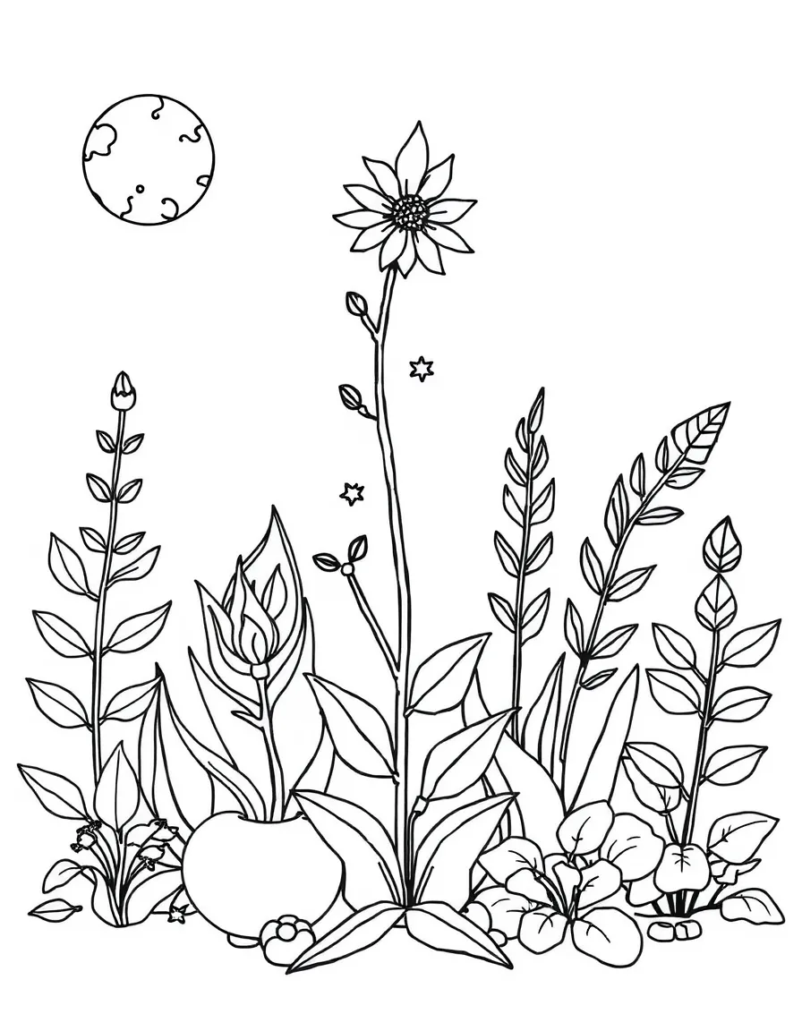Plants arranged to represent elements (earth, air, fire, water)