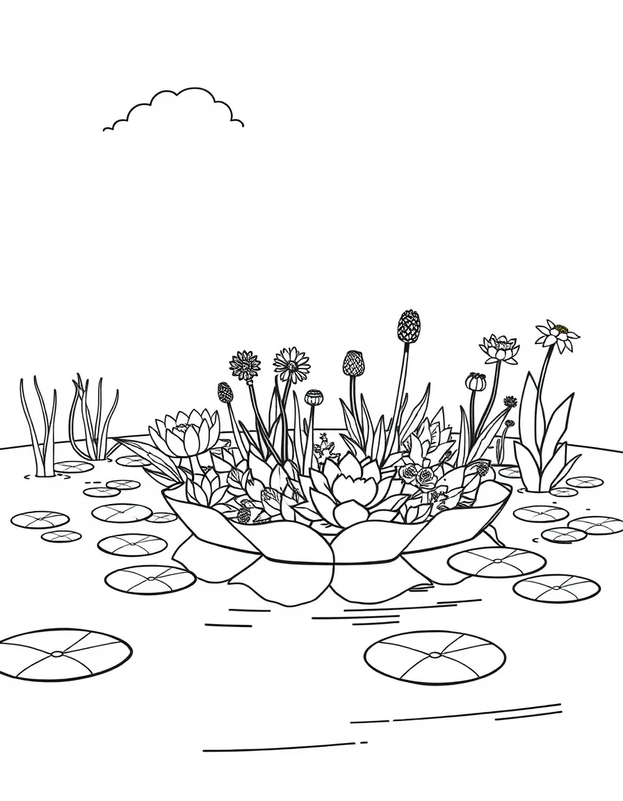 A floating garden on a pond or lake