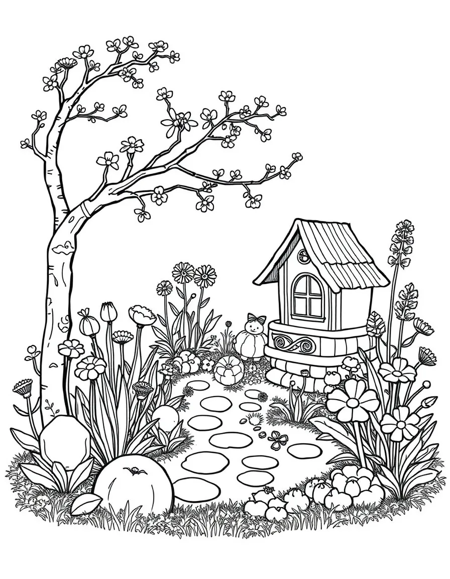 A detailed illustration of a miniature fairy garden