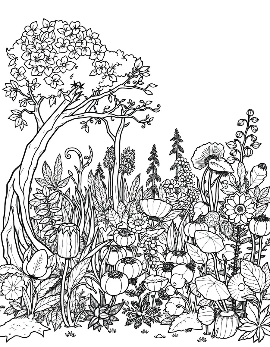 A detailed illustration of a permaculture food forest